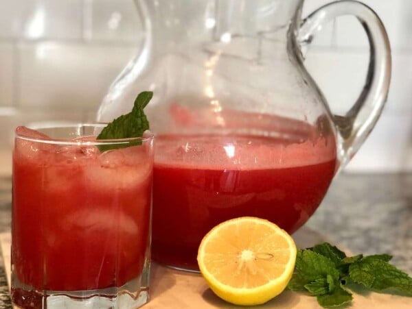 Watermelon Lemonade in a glass pitcher