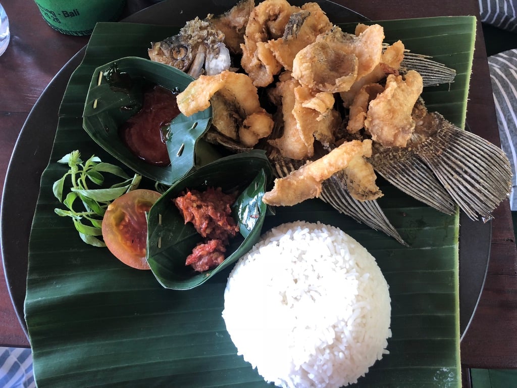 A photo by Elicit Folio of fried fish and white rice outside of the  Warung Mina restaurant