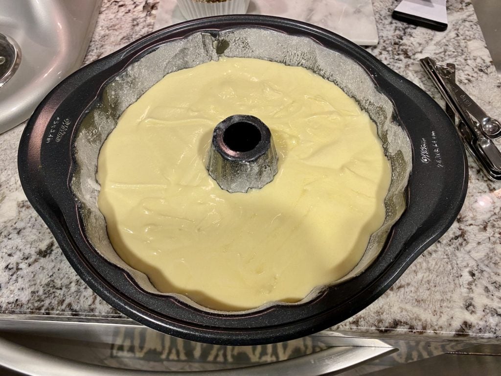 up close photo of Cream Cheese Pound Cake batter in a bundt pan