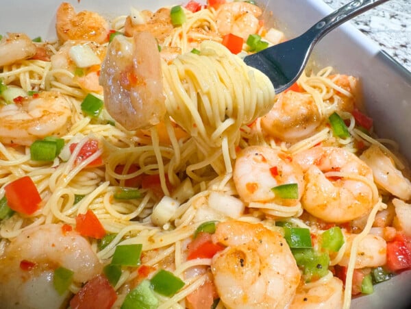 photo of shrimp pasta salad on a fork