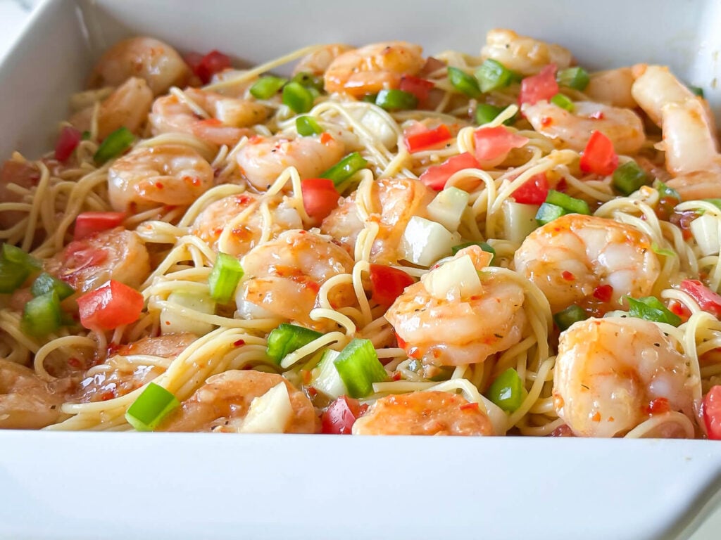 close up photo of shrimp pasta salad