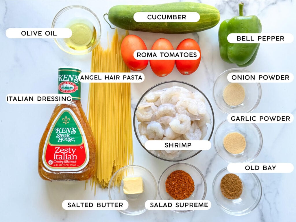 photo of all shrimp pasta salad ingredients