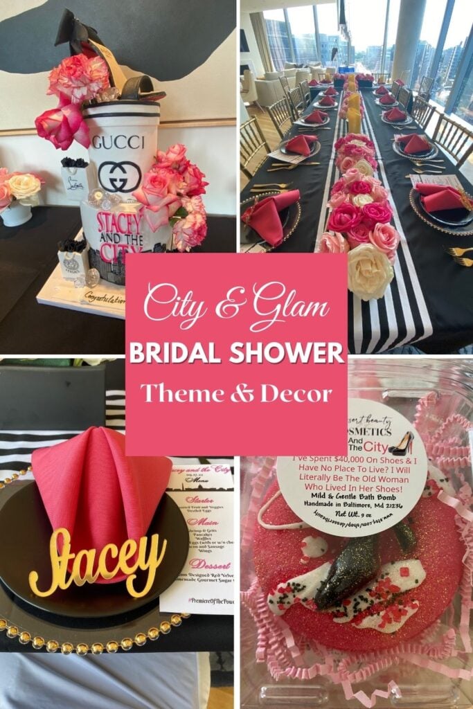 Pinterest photos of glam and city bridal shower theme. Pink gold, table settings and designer cake.
