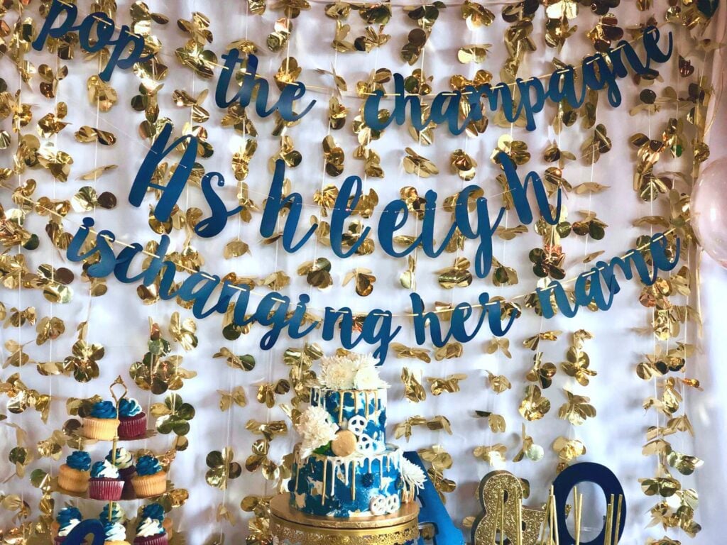 Photo of dessert table backdrop for bride changing her name
