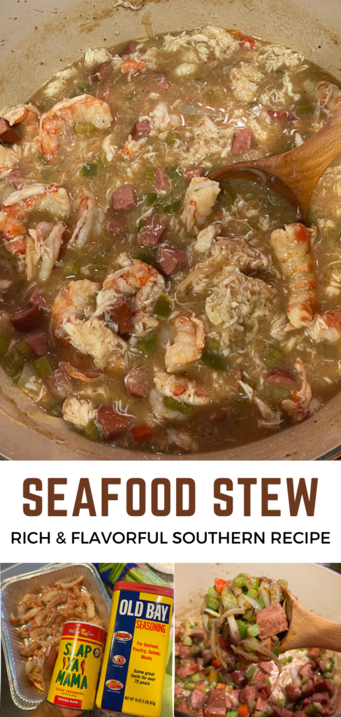 3 PHOTOS of seafood stew in pot and ingridents