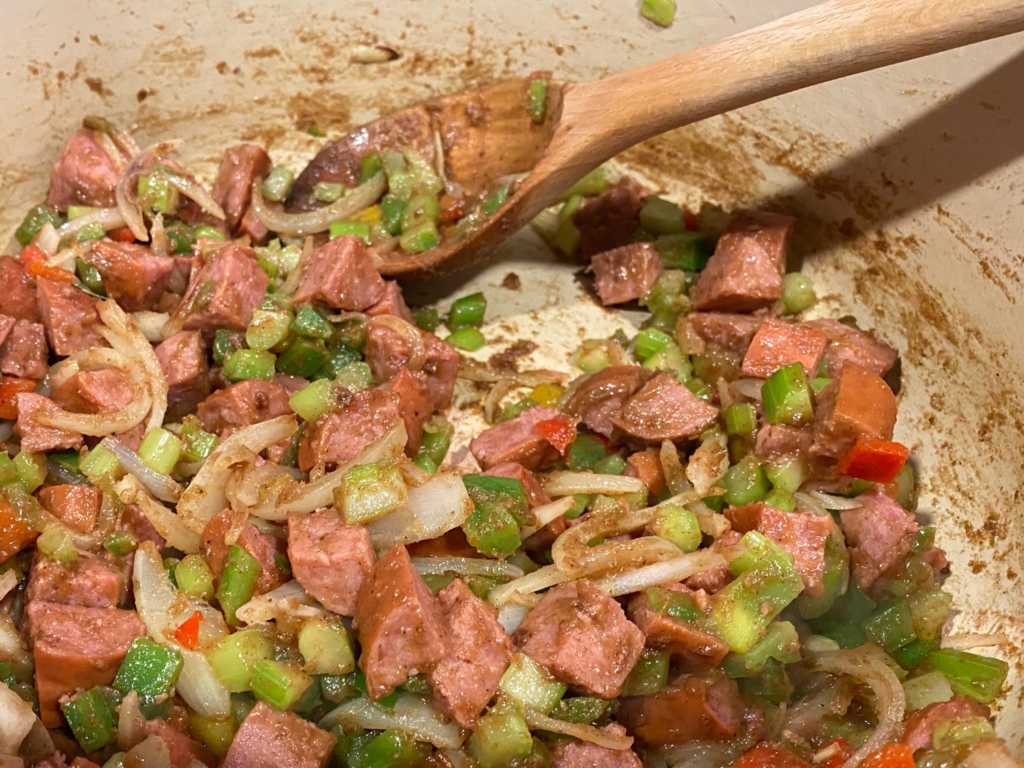 Soup or seafood stew base before making broth > Includes onions, peppers, celery, flour and butter