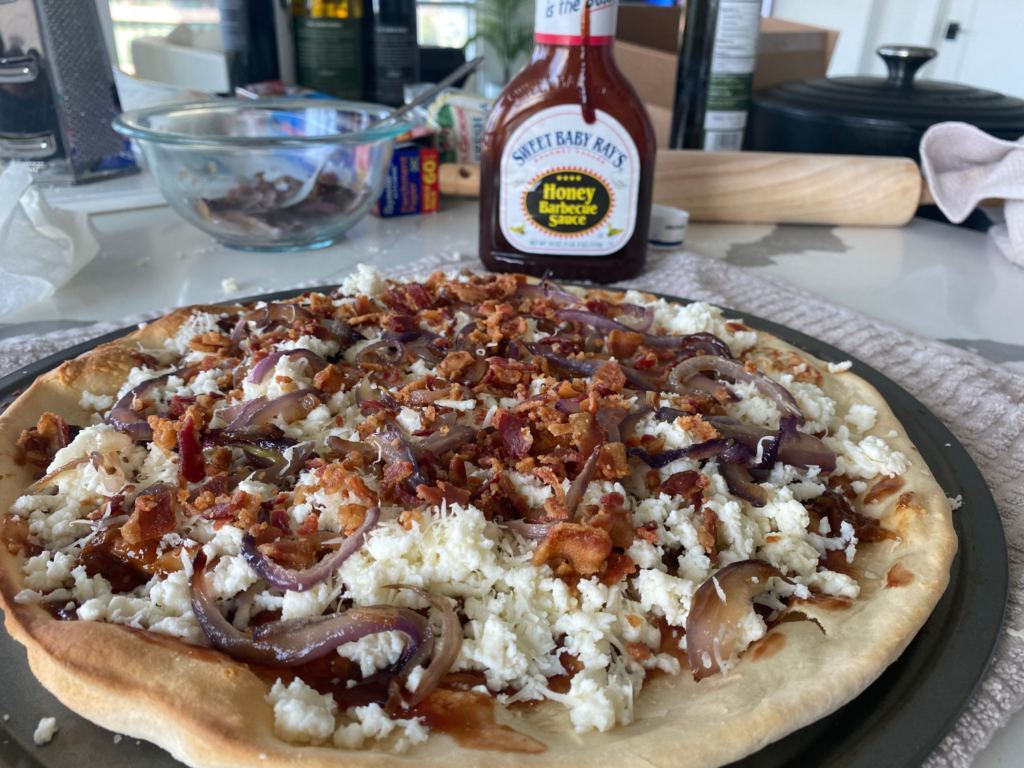photo of bbq chicken pizza before it goes in the oven