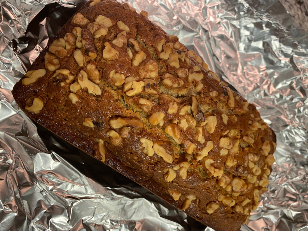photo of baked banana bread in foil