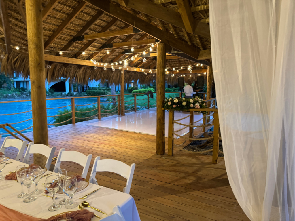 photo of DJ booth and dance floor destination wedding at dreams flora punta cana