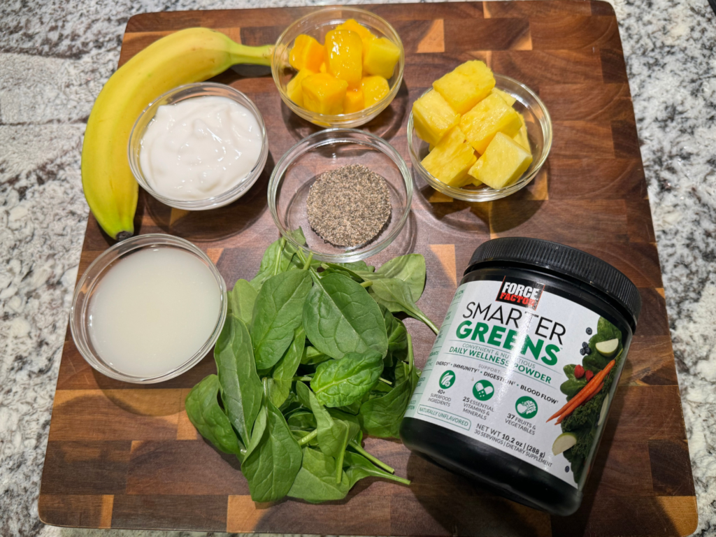 fresh ingredients for pineapple mango green smoothie