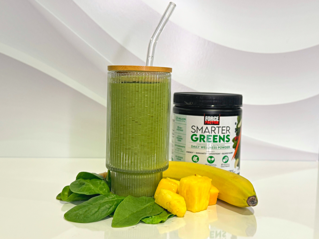Photo of green smoothie and superfood green