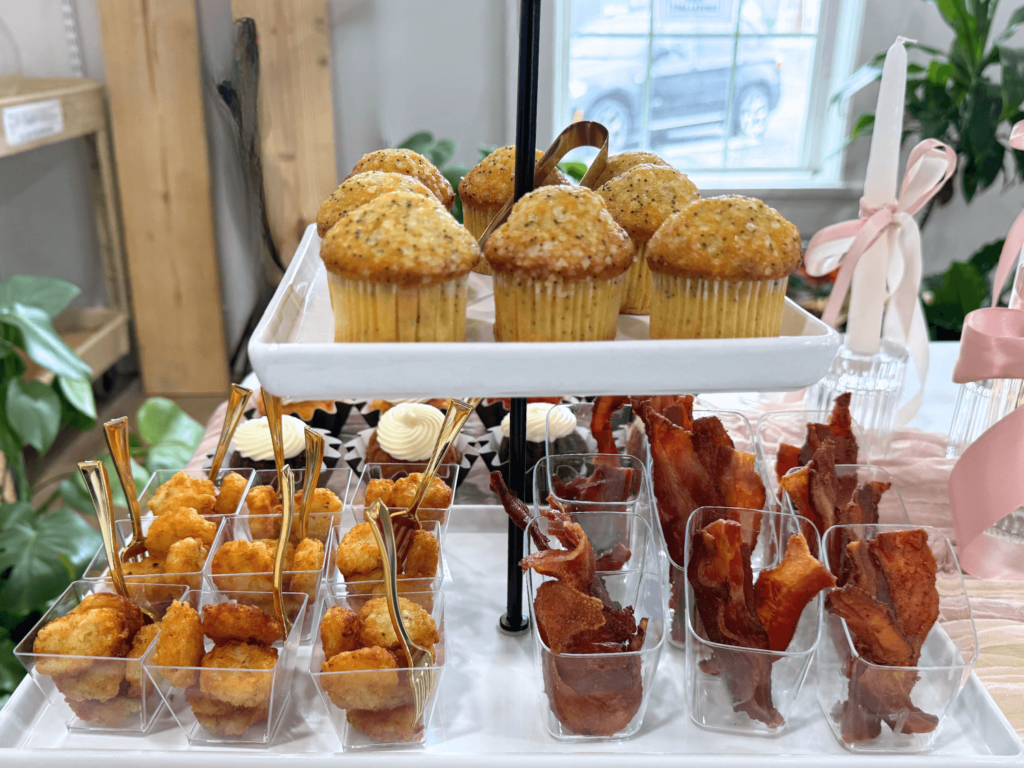 photo of bacon, hash browns, mini muffins for girls day brunch appetizers
