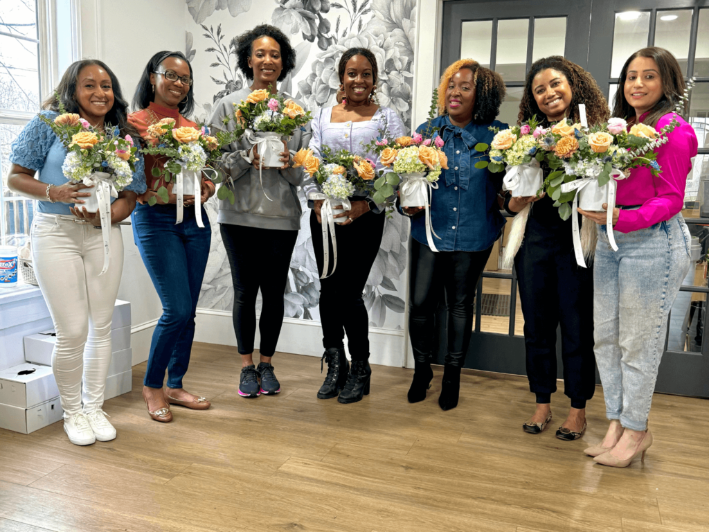 Photo of each girl holding their bouquets
