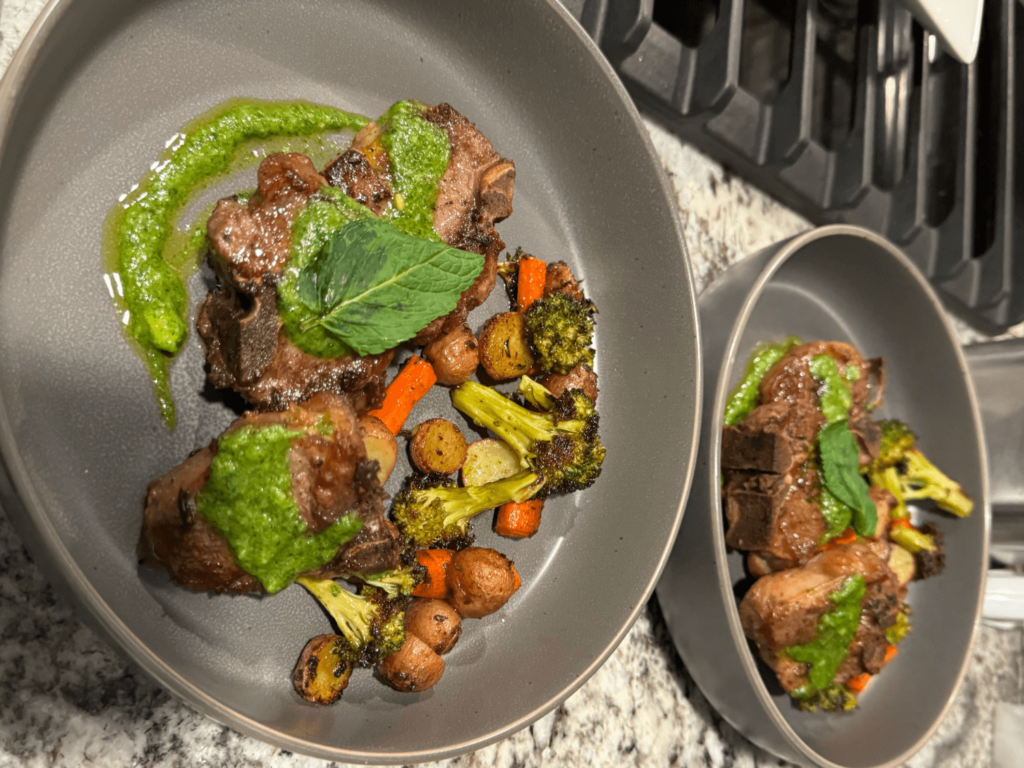 photo of mint plated with lamb and roasted vegetables