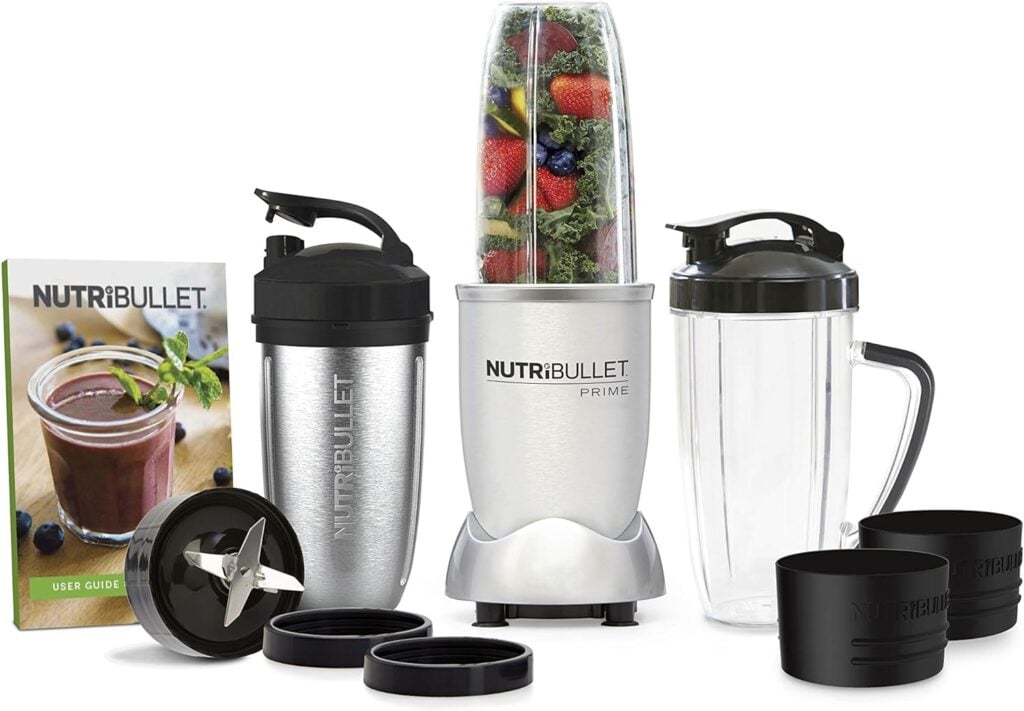 Photo of a silver and clear nutribullet used to make lamb chop mint sauce
