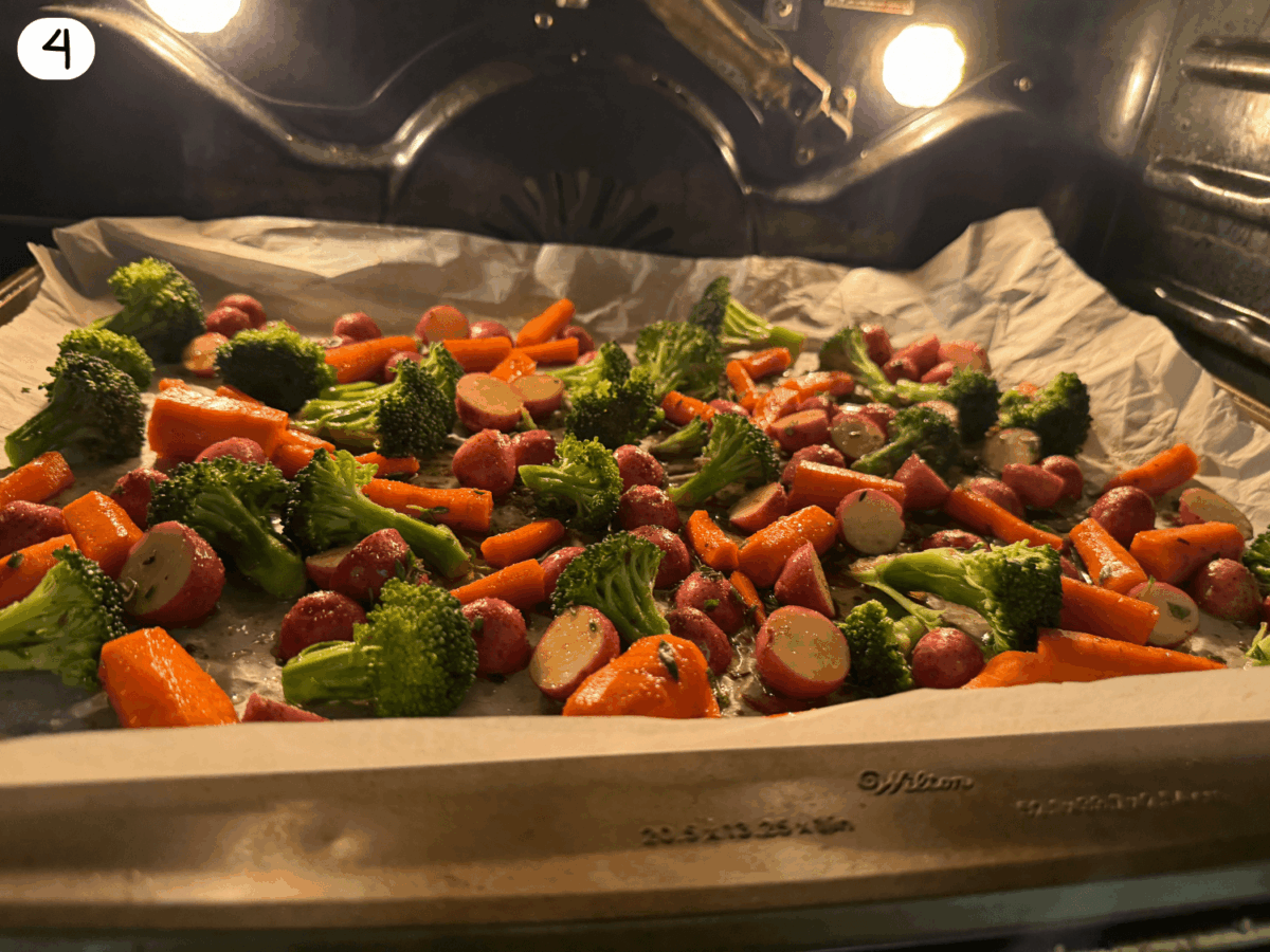 Step 4 photo showing vegetables roasting in the oven