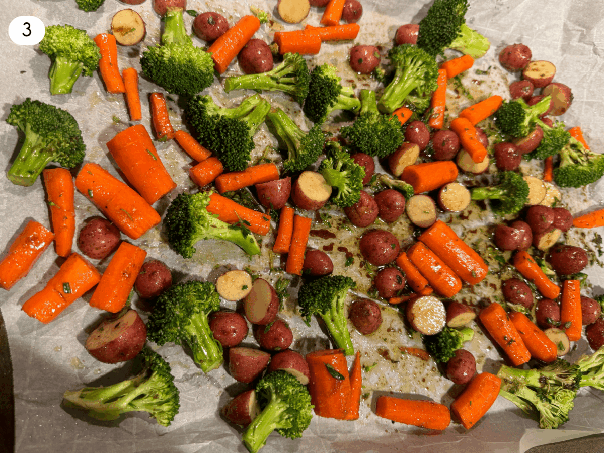 step 3 photo showing vegetables tossed in balsamic dressing