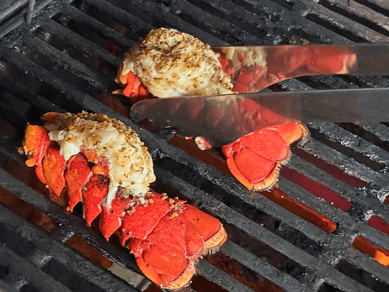 Photo of lobster tails cooking on a grill