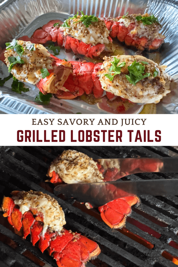 Pinterest image showing grilled lobsters