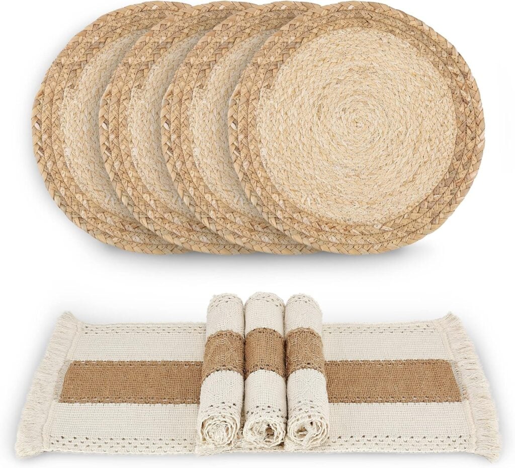 Handmade Boho Placemats Set of 4 - Natural Cotton Burlap and Water Straw Woven