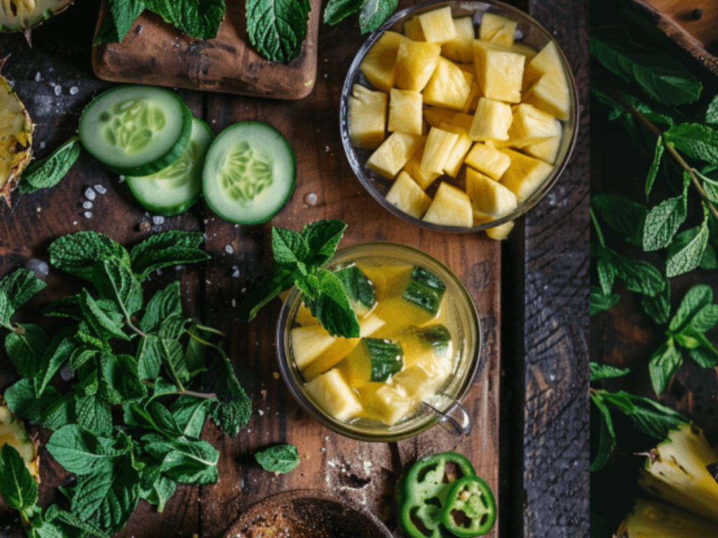 photo of pineapples, cucumbers, mint on a wooden table