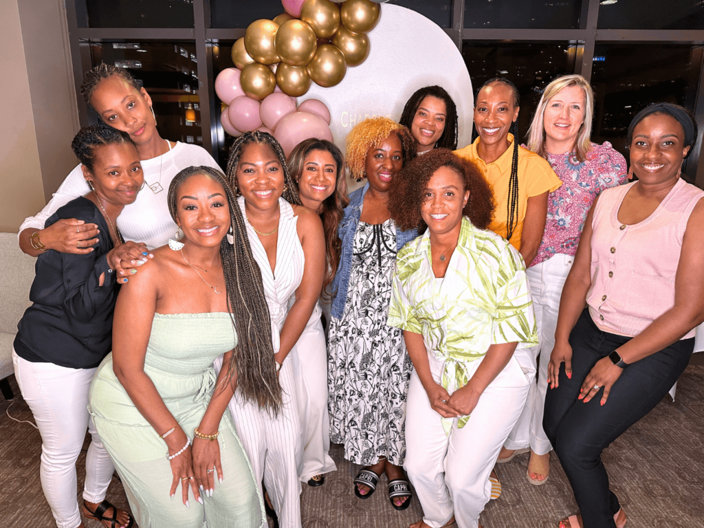 group photo of ladies at wine and charcuterie party