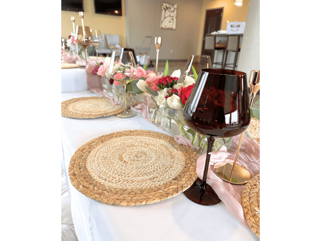 Photo of wine glass on indoor picnic table