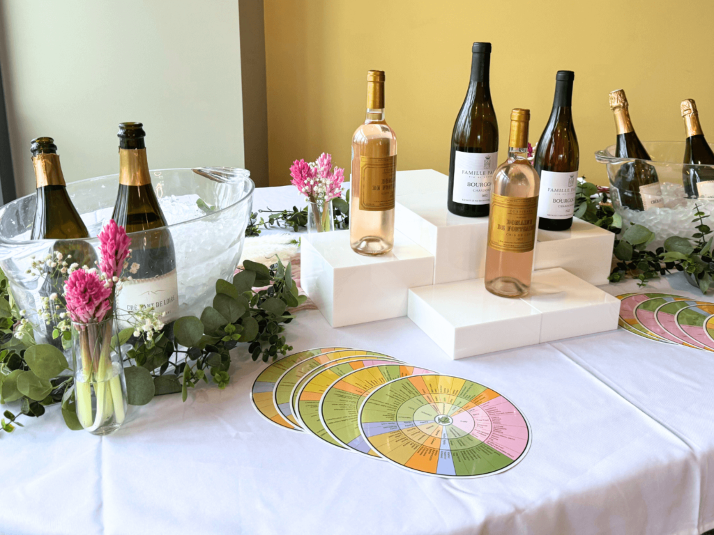 Photos of wine bottles on a table for wine and charcuterie party