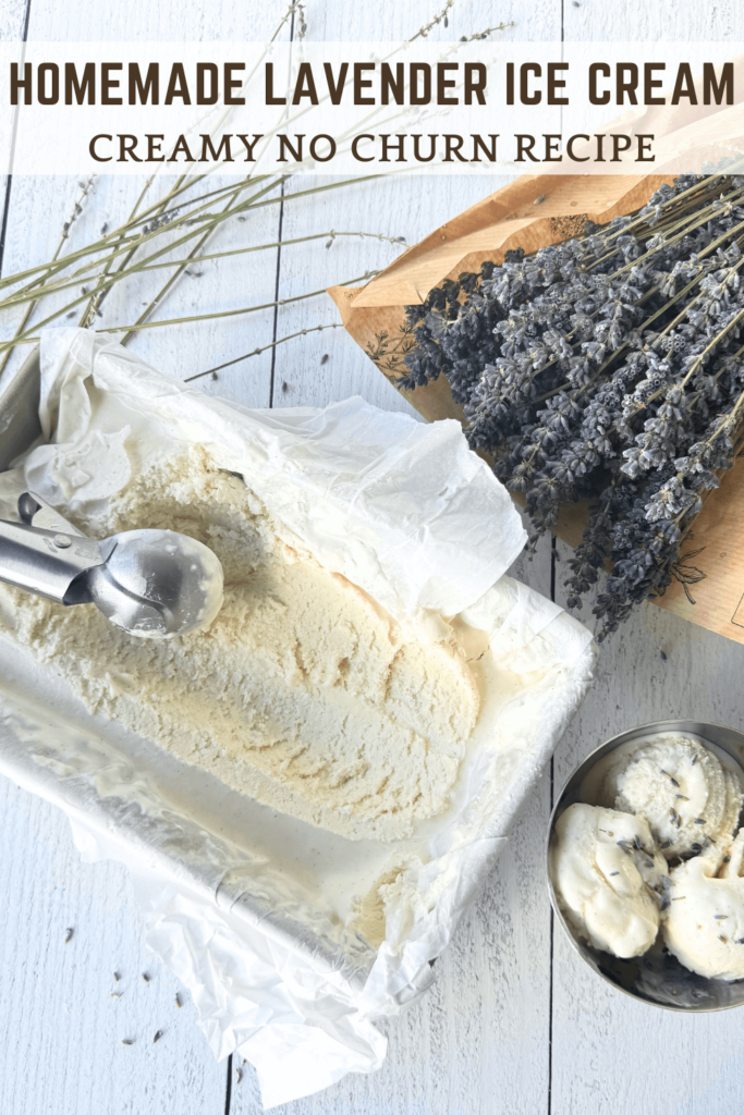 photo of lavender ice cream in a pan and bowl next to a bouquet of lavender