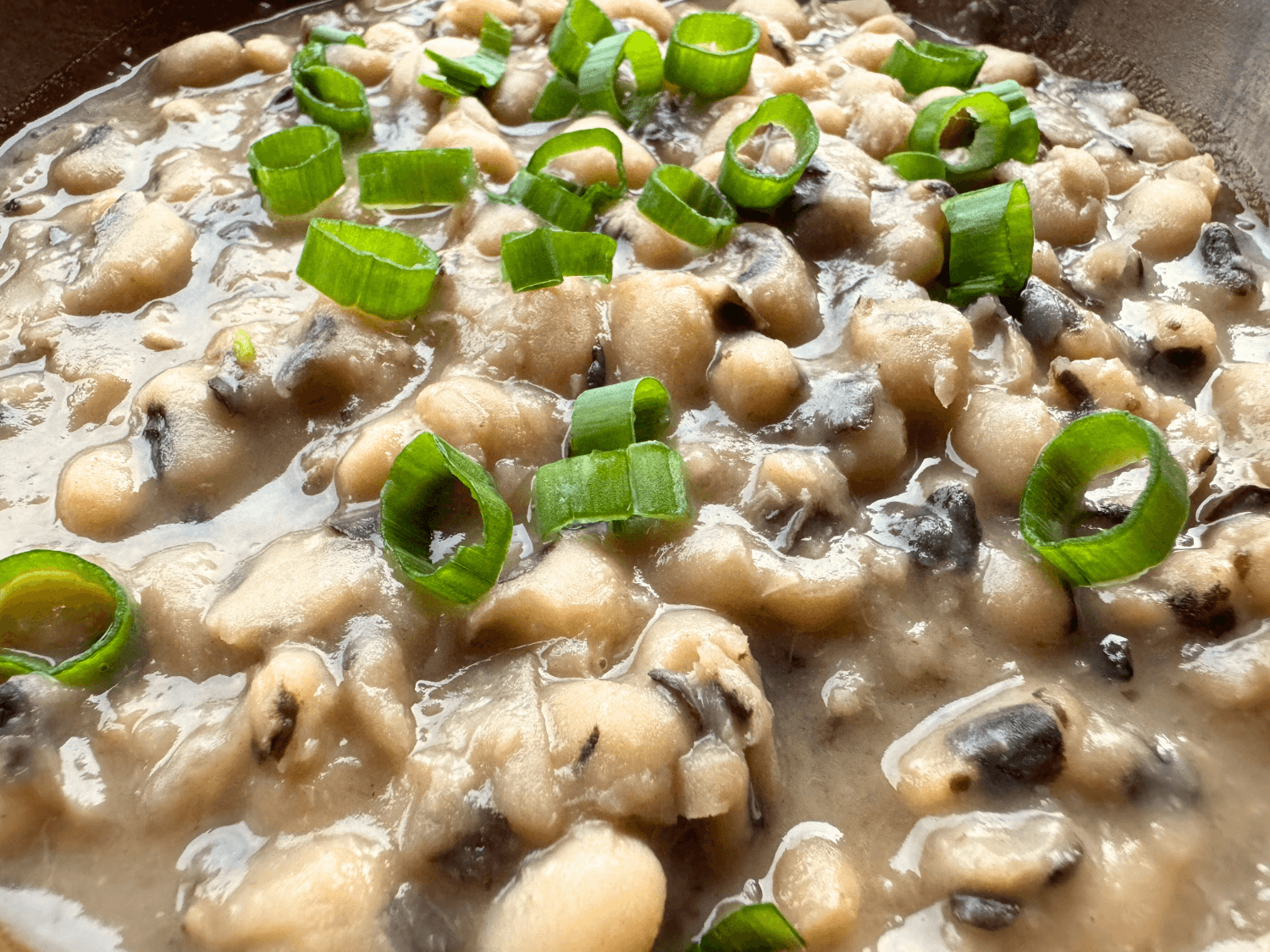 Close up photo of cooked black-eyed peas topped with chopped green onions as a garnish