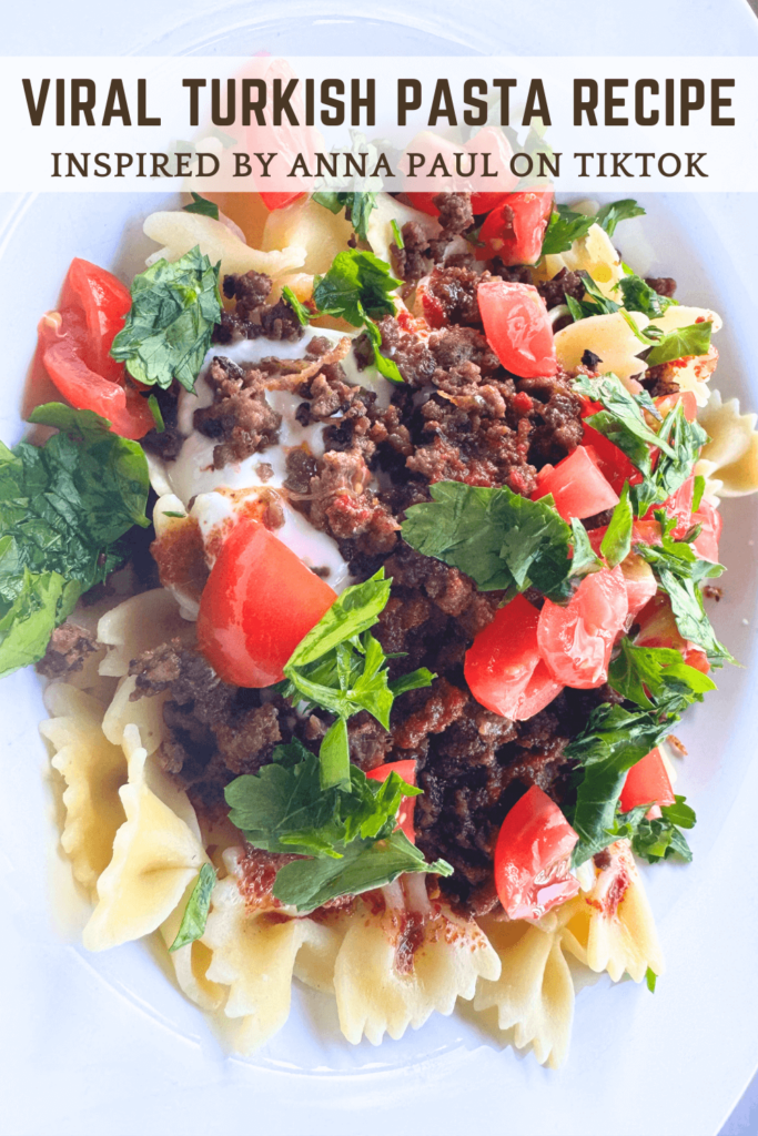 Pinterest Pin for Turkish pasta (Yalancı Mantı) in a white bowl