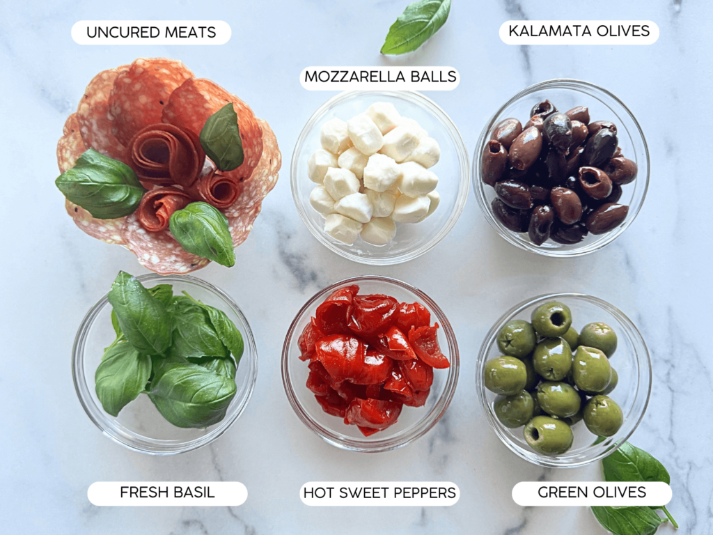Close up photo of antipasto skewer ingredients