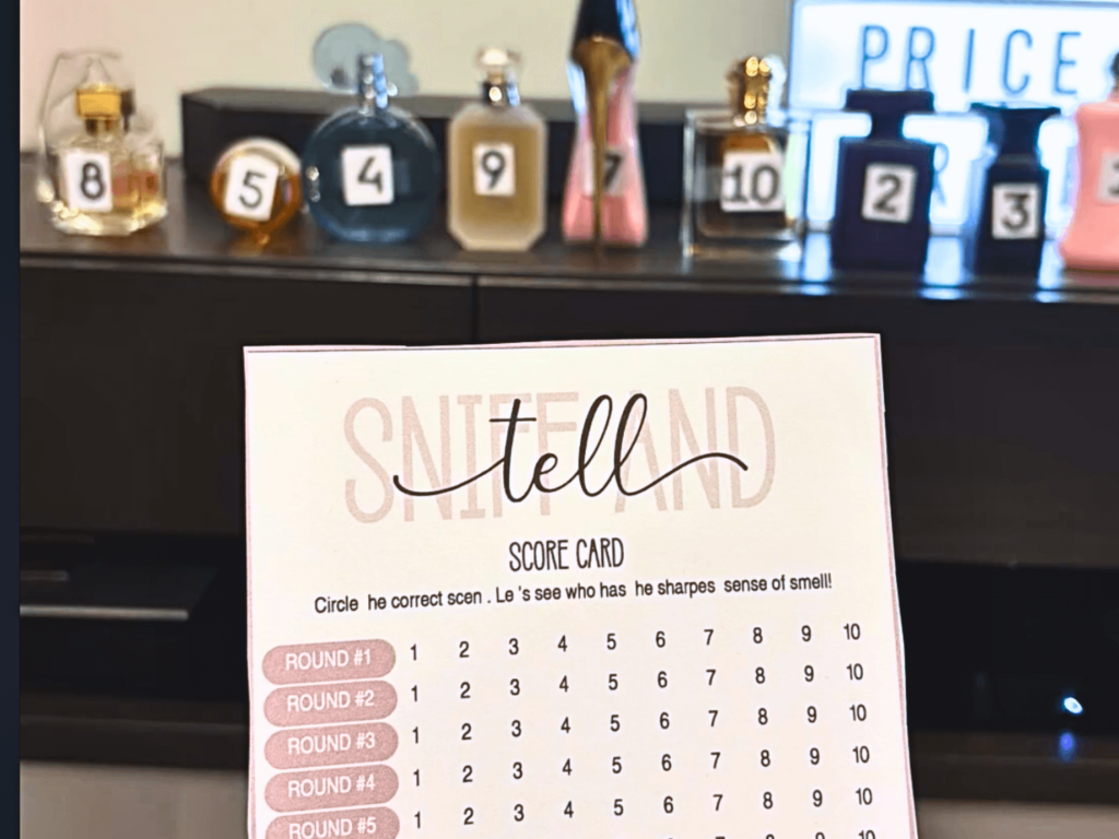 Photo of a perfume bottles and a game for a perfume party