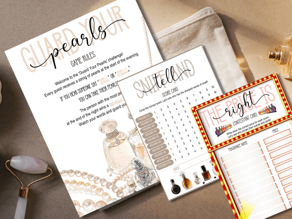 A photo of 3 party game cards for a perfume party