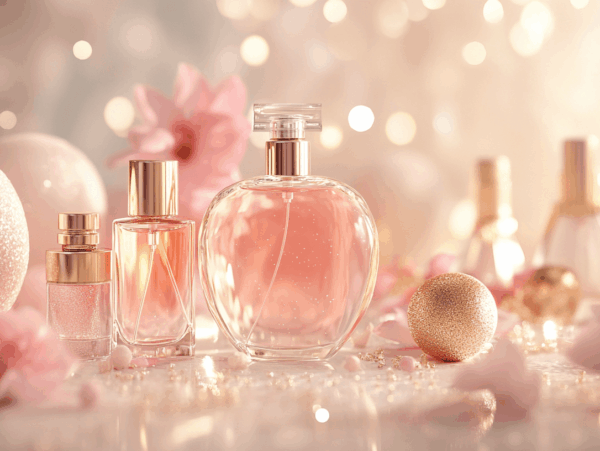 Cover photo of pink perfume bottles and party balls