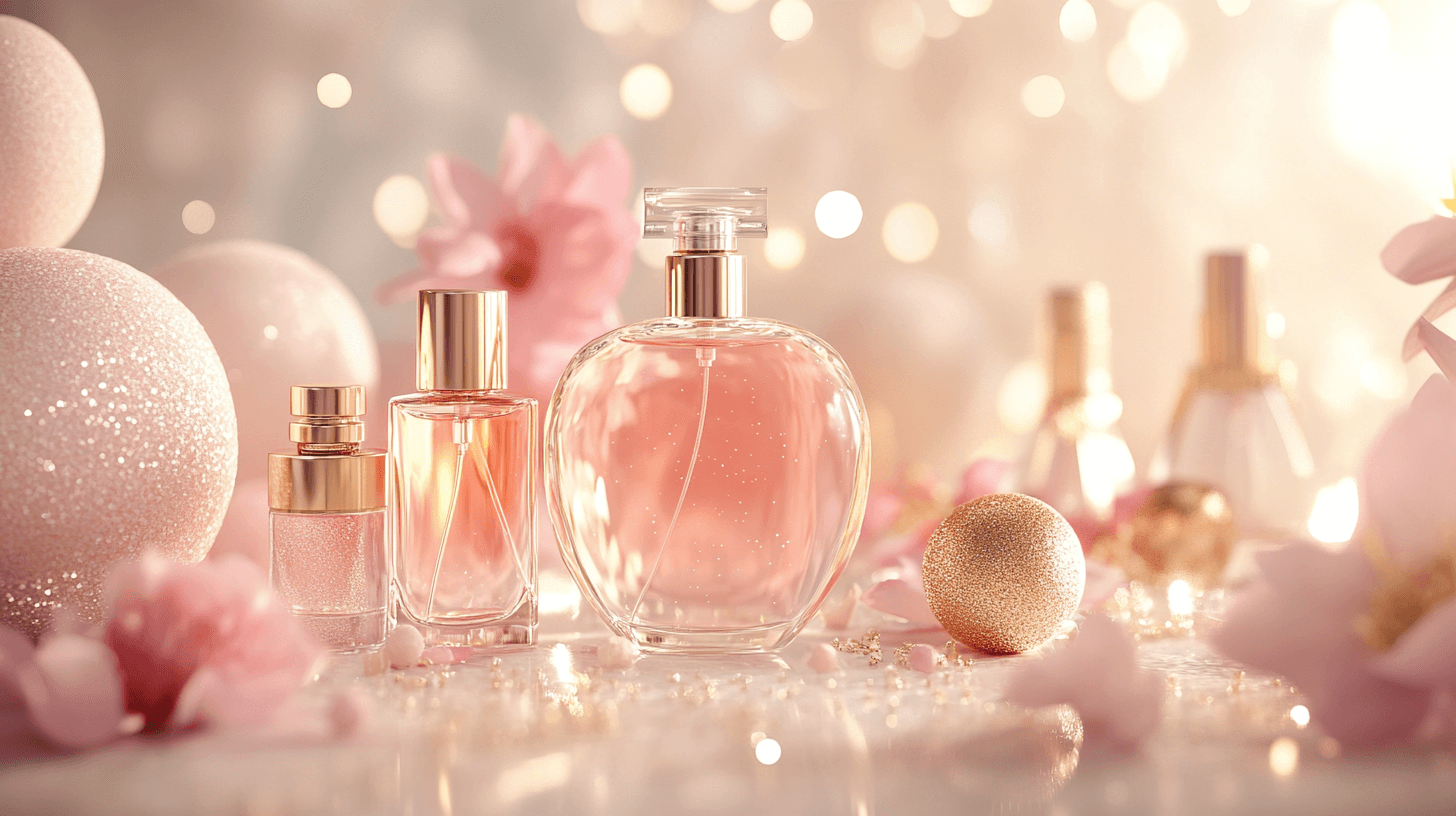 Cover photo of pink perfume bottles and party balls