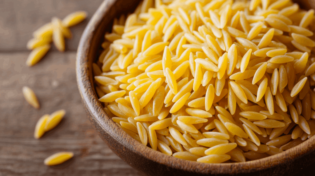 close up photo of a bowl full of dried orzo pasta in a wooden bowl. Uncooked