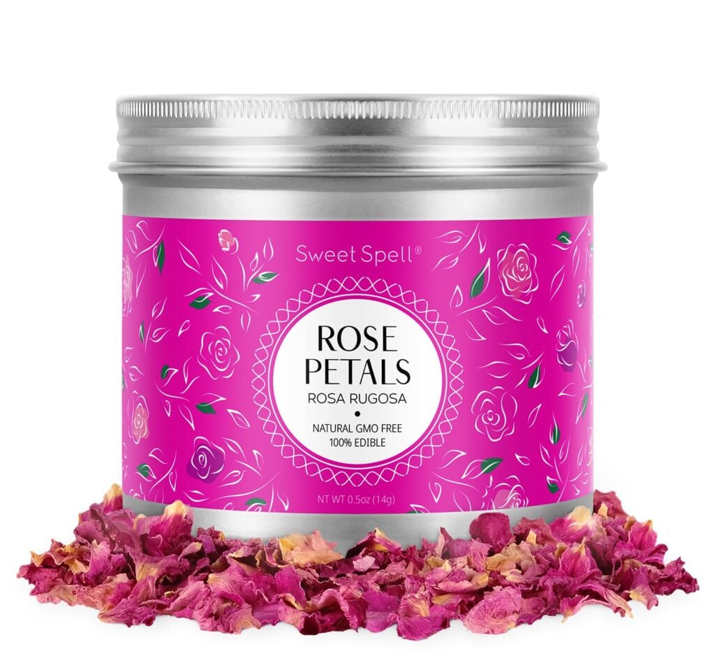Photo of edible rose petals in a metal tin