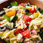 Close up image or an easy orzo pasta salad recipe