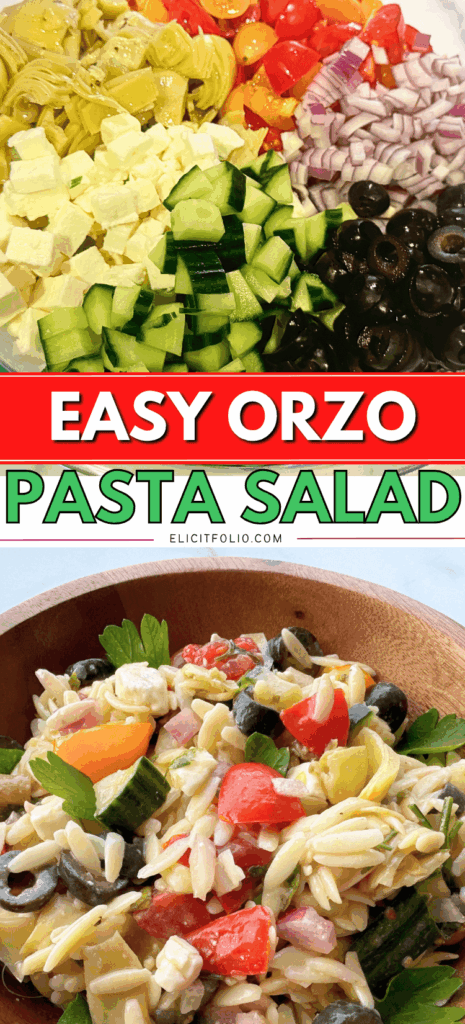 Easy Orzo Pasta Salad Recipe Pin Image for Pinterest
