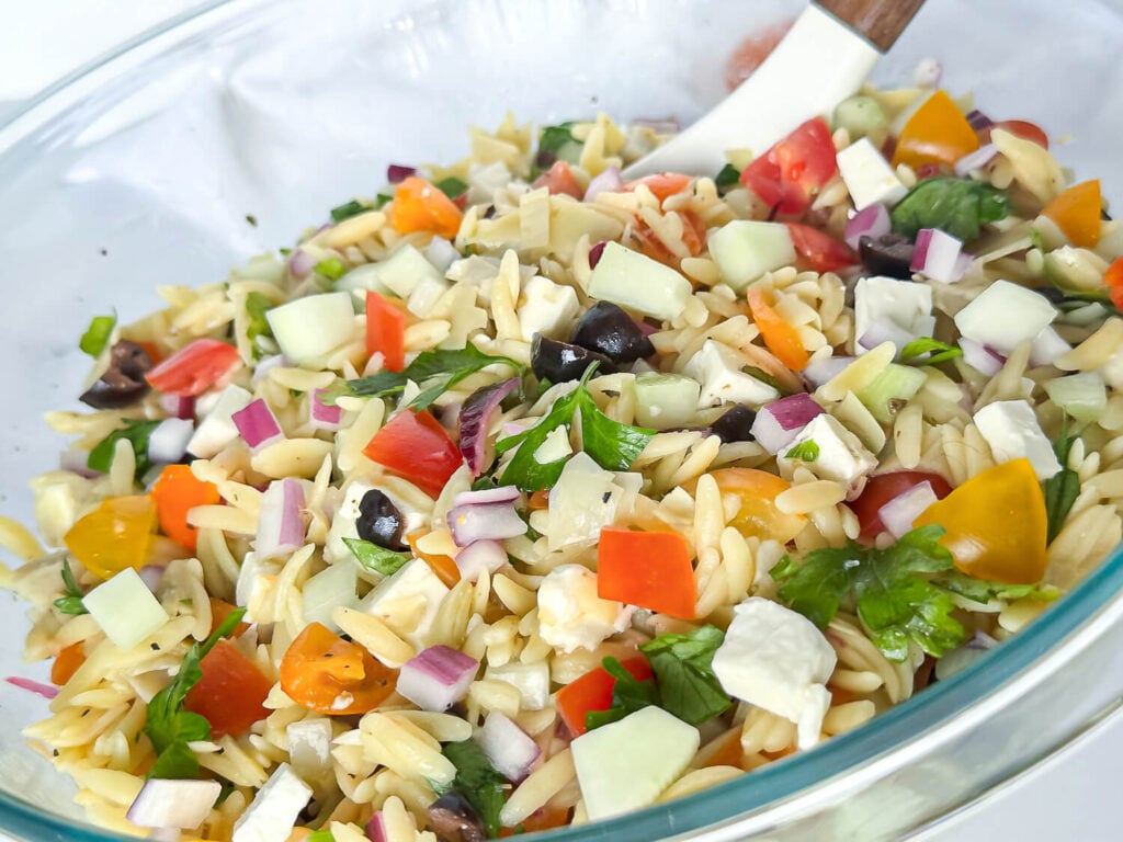 Close up image or an easy orzo pasta salad recipe