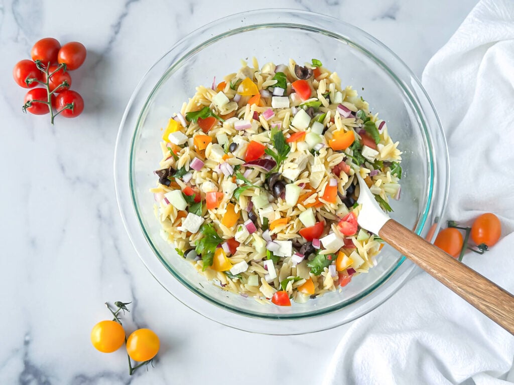 flat lay photo of orzo pasta salad surrounded by colorful tomatoes