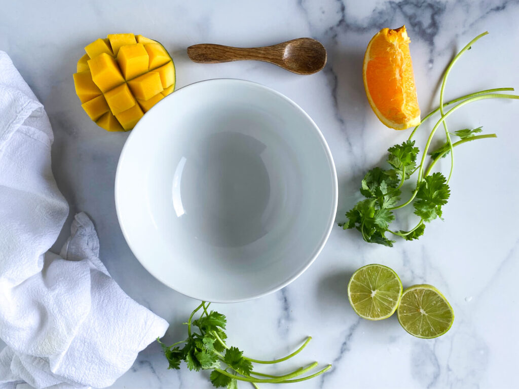 photo of prep station for mango salsa