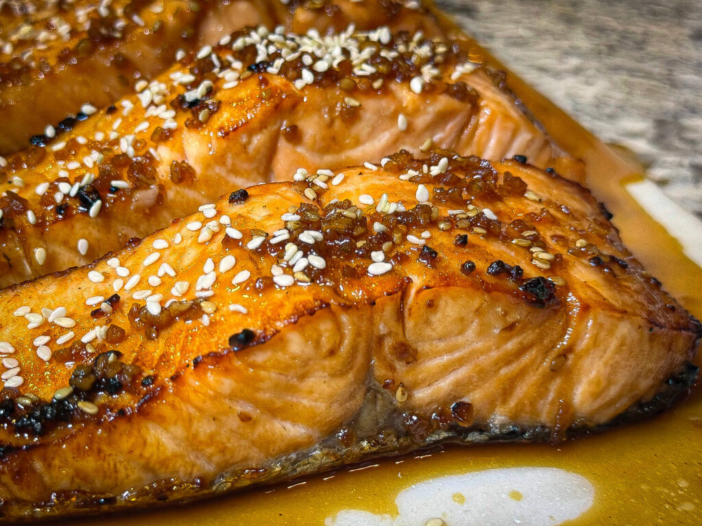 Seasoned Teriyaki Salmon with sesame seeds on top