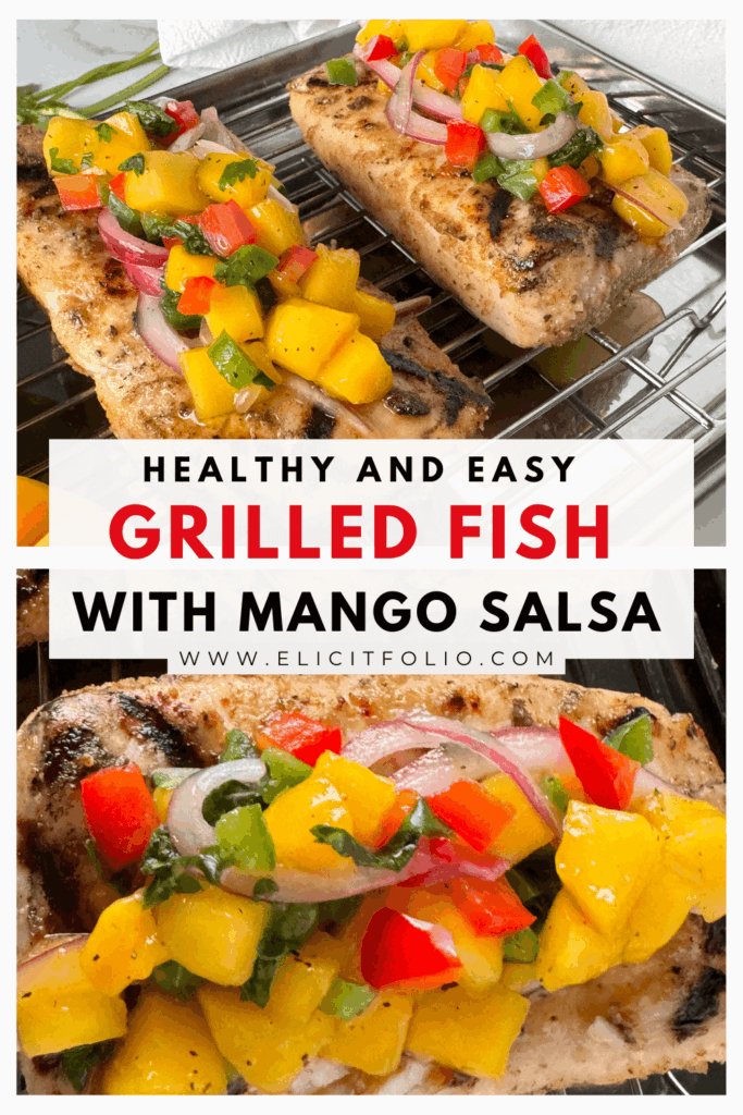 two close up photo of grilled mahi mahi with mango salsa