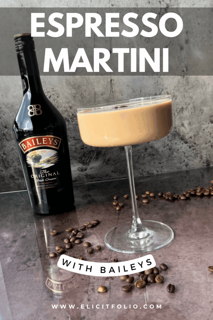 Photo of an espresso martini next to a bottle of Baileys