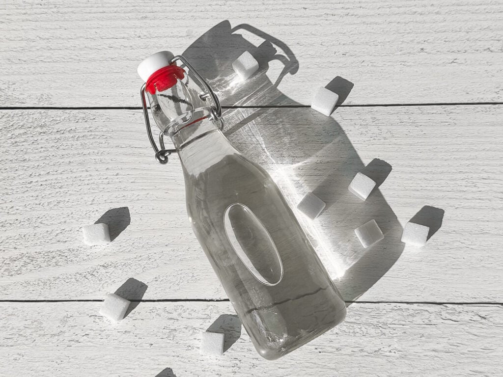 close up photo of an air tight container holding cooked simple syrup next to sugar cubes
