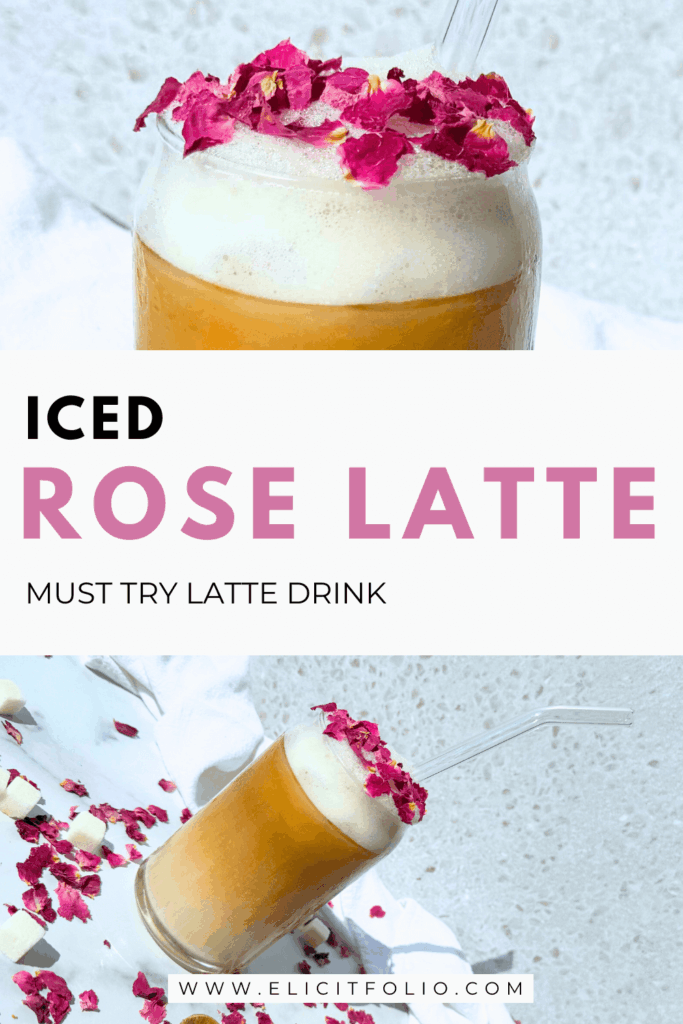 Photo of an iced rose latte with roses garnished on top