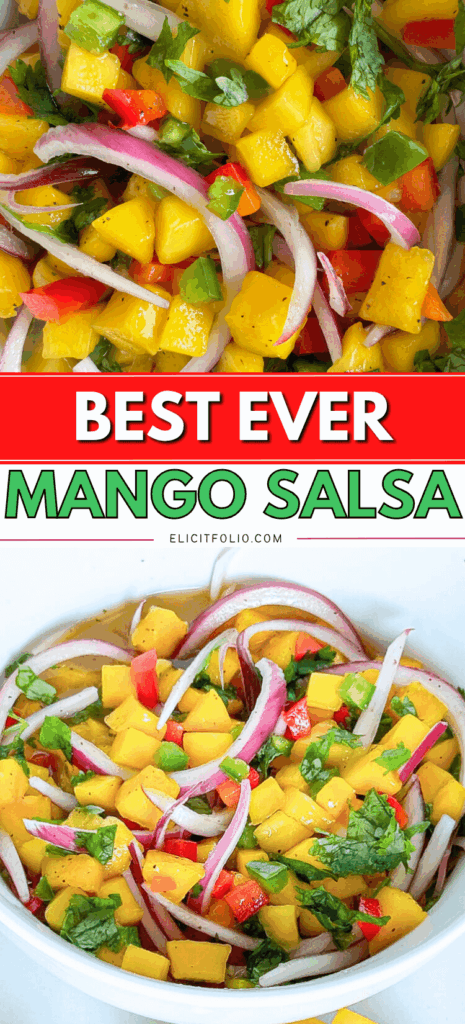Photo of mango salsa in a white bowl surround by mangos, orange slice, cilantro and limes