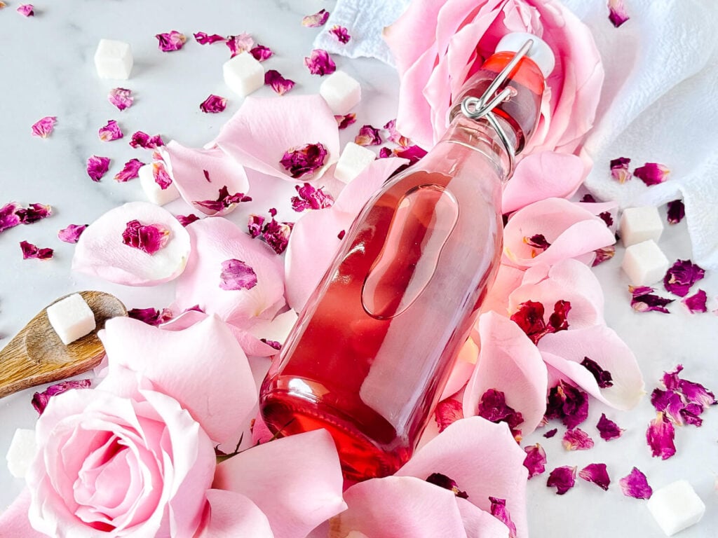 Photo of rose simple syrup in an airtight container surrounded by rose petals